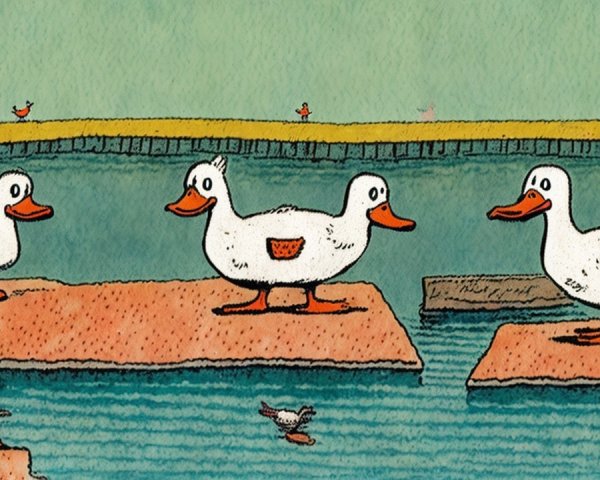 Whimsical Scene of Playful Ducks on Floating Platforms