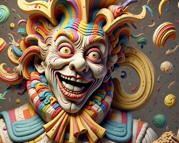Colorful clown figure with whimsical candy textures
