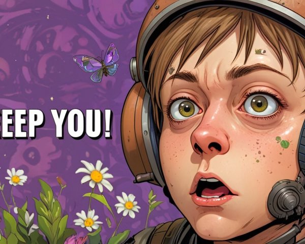 Surprised character in futuristic helmet with flowers