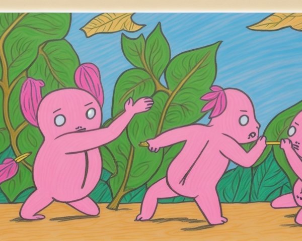 Playful Cartoon Creatures Amidst Green Leaves