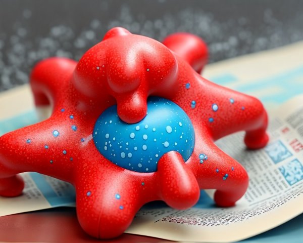 Vibrant Red Abstract Sculpture on Glossy Blue Sphere
