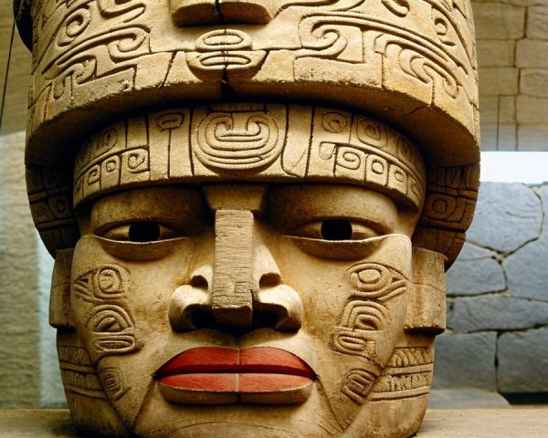 Detailed Stone Sculpture of Ancient Mesoamerican Head
