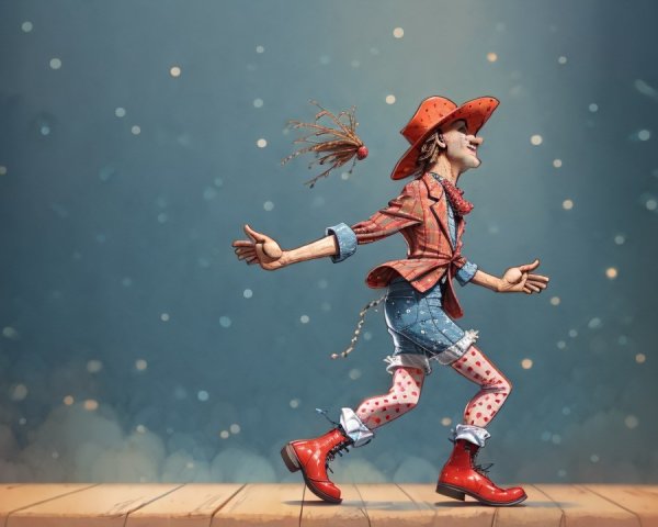 Whimsical clown figure on stage in vibrant attire