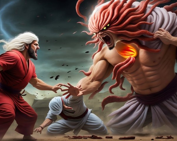 Warrior Battles Colossal Monster in Dramatic Scene