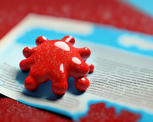 Vibrant Red Blob on Blue and White Textured Paper