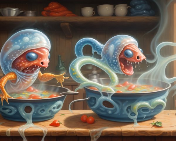 Whimsical Creatures Cooking in a Rustic Kitchen
