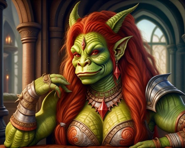 Green-Skinned Orc in Armor at Wooden Table