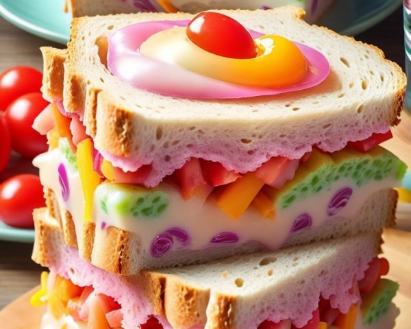 Whimsical Sandwich with Colorful Vegetables and Egg Garnish
