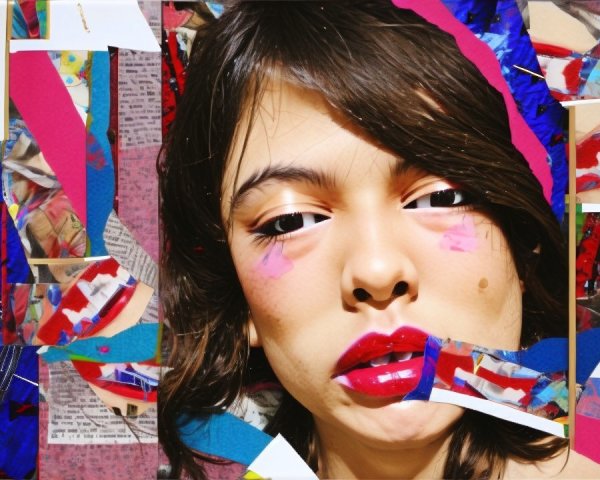 Close-up of a face with bold makeup and collages