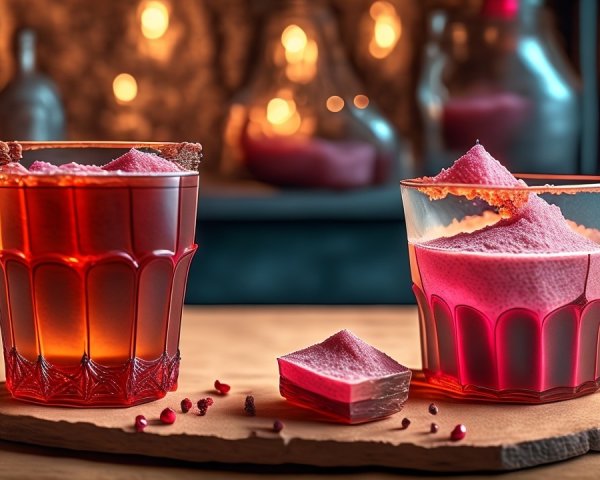 Elegant Glasses of Red Drinks and Dessert Displayed