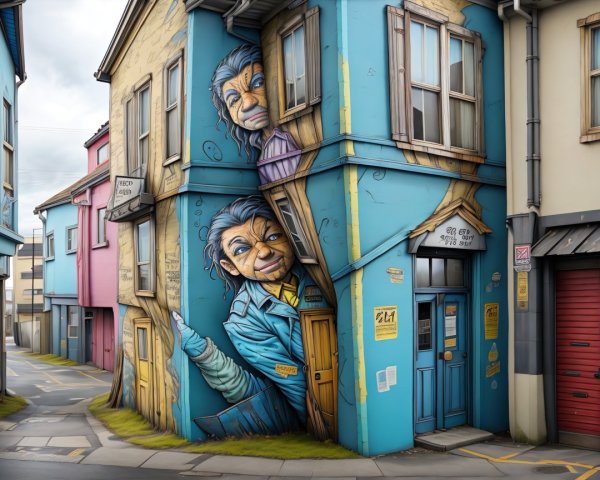 Whimsical Cartoonish Street Scene with Unique Buildings