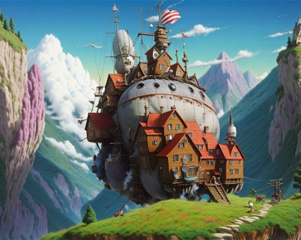 Whimsical Floating Village on a Lush Green Hill
