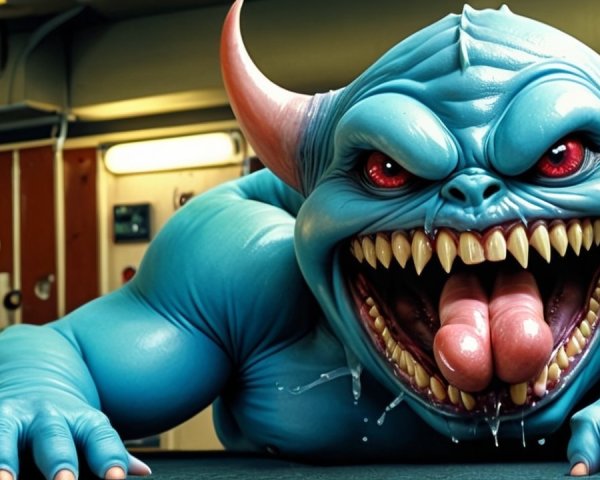 Monstrous Blue Creature in Bright Industrial Setting