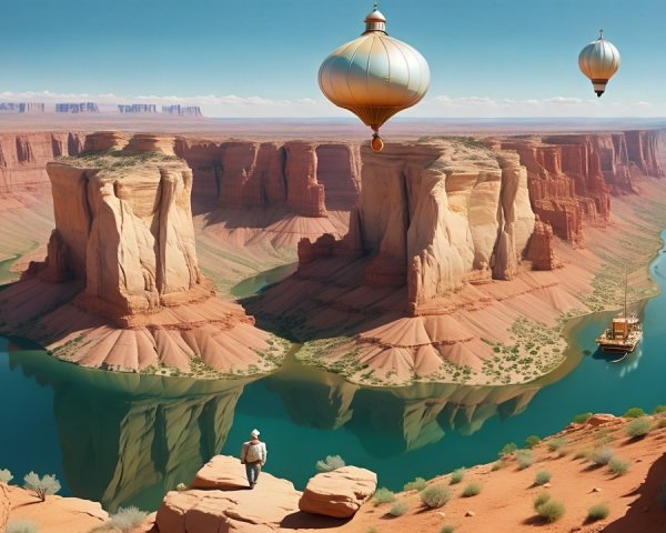 Landscape of Red Sandstone Cliffs and River with Balloons
