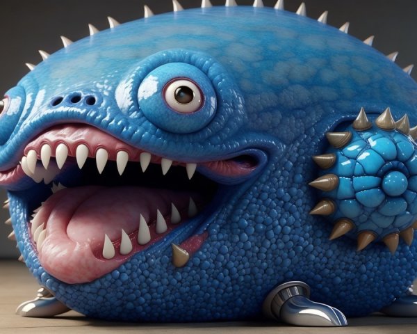 Whimsical Cartoonish Creature with Blue Body and Teeth