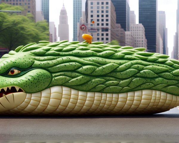 Inflatable alligator on city street with orange ball