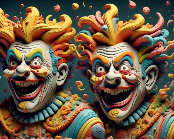Whimsical Clown Figures with Colorful Hair and Expressions