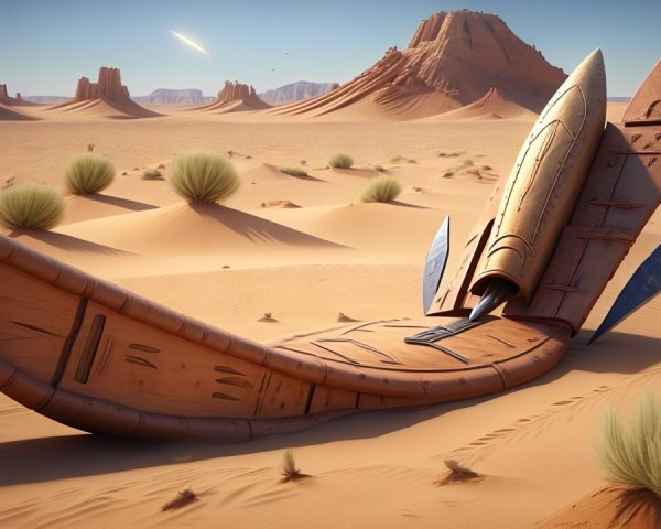 Wooden Rocket in Desert Landscape with Carvings