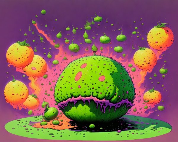 Whimsical Psychedelic Landscape with Central Green Organism