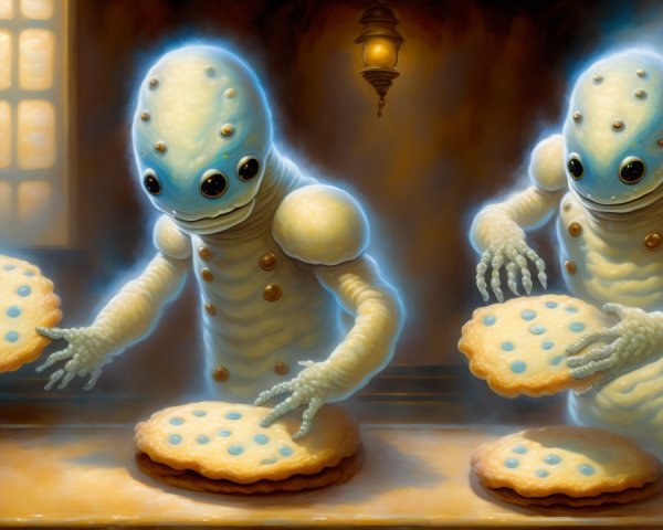 Alien Beings Decorating Oversized Cookies in Ethereal Kitchen