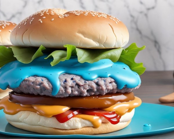 Oversized Burger with Colorful Toppings on Blue Plate