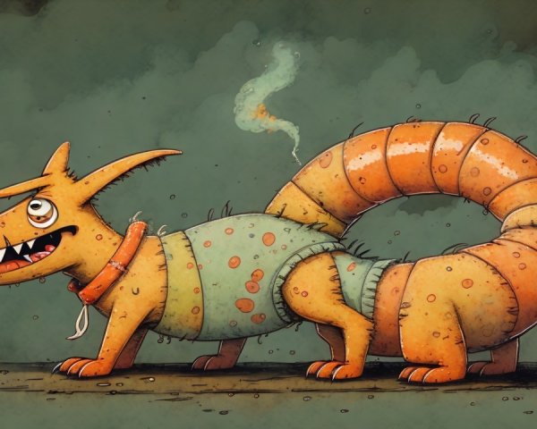 Whimsical Creature with Dog Head and Worm Body