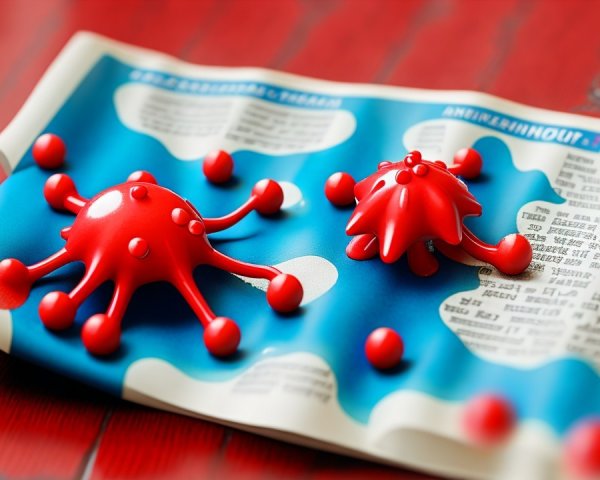 Red Virus Models on Blue and White Newspaper Background