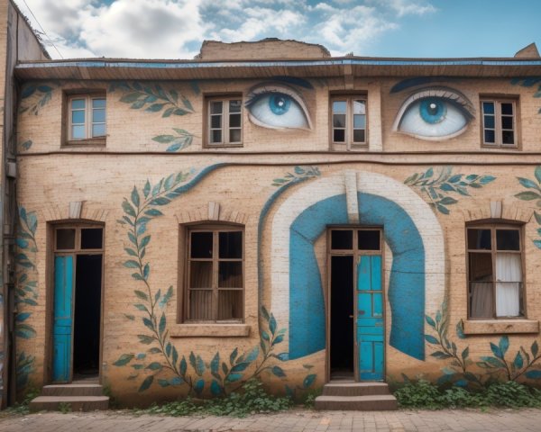 Mural on Brick Building with Vibrant Blue Door