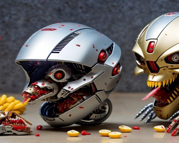 Surreal Scene with Robotic Skulls and Colorful Objects