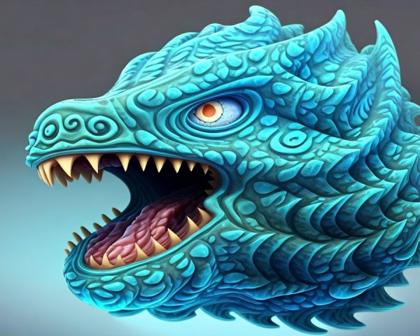 Fantastical dragon-like creature head with blue scales