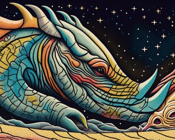 Brightly Colored Dragon Creature in Starry Night Sky