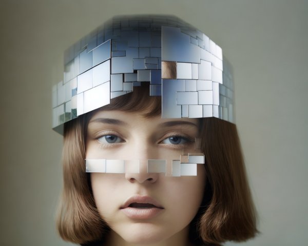 Young woman with futuristic reflective headdress design
