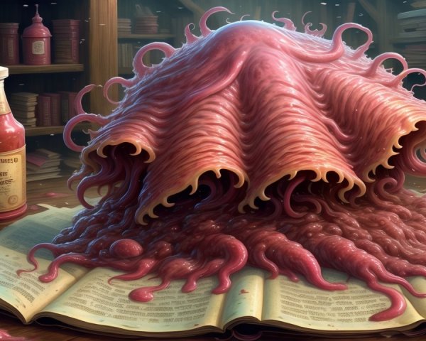 Surreal Library Scene with Grotesque Creature and Ketchup