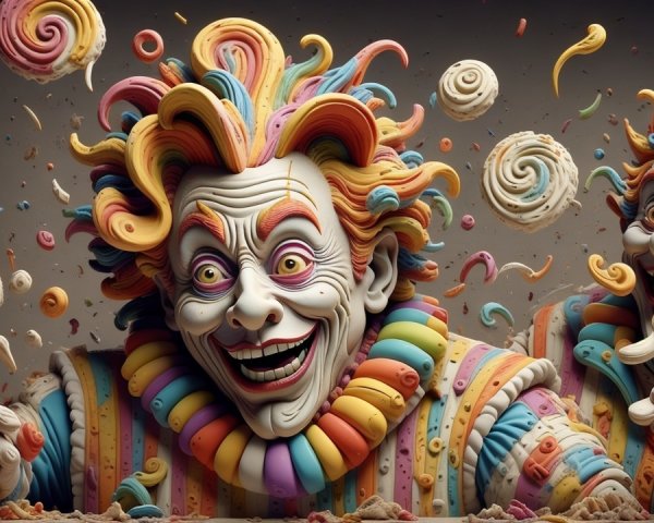 Surreal Clown Figure with Vibrant Colors and Patterns