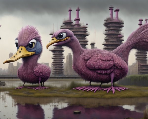 Surreal Landscape with Giant Whimsical Birds and Waterway