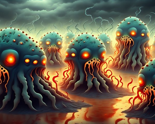 Surreal landscape with gelatinous creatures and dark skies
