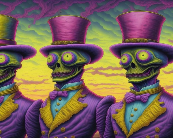 Cartoonish skeletons in colorful top hats at sunset