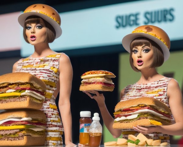 Drag Queens in Food-Themed Performance with Hamburgers