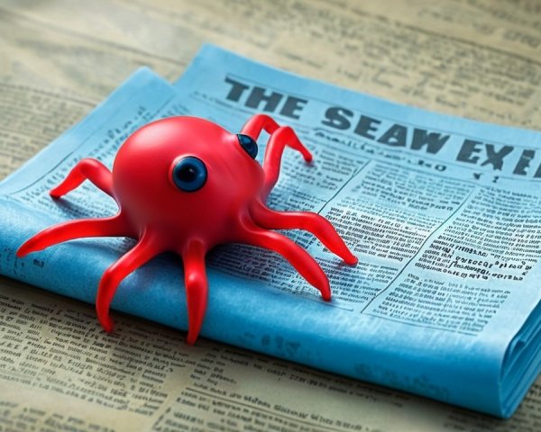 Vibrant Red Octopus Toy on Crumpled Blue Newspaper