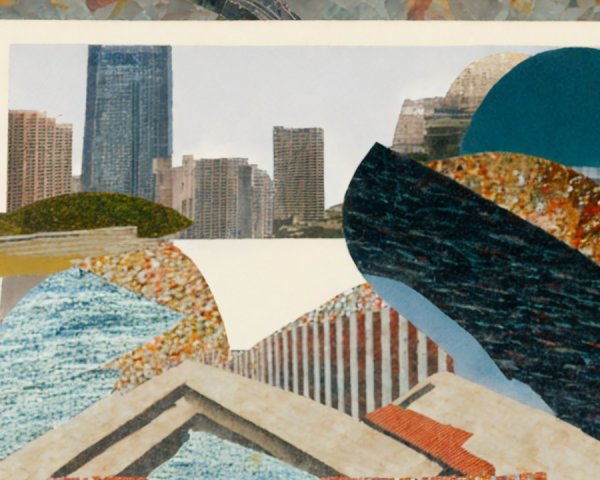 Mixed Media Collage of City Skyline and Abstract Shapes