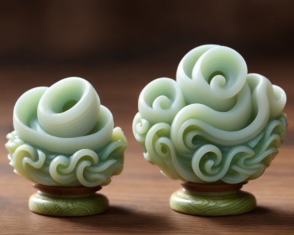 Intricately Carved Jadeite Sculptures with Wooden Bases