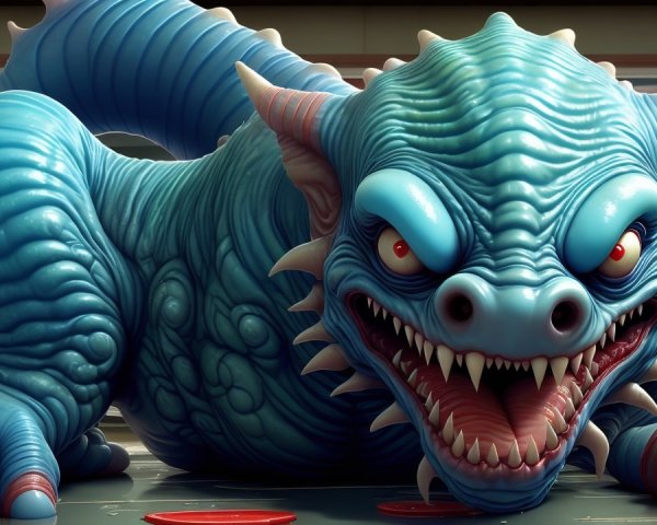 Vibrant Blue Serpentine Creature in Cartoonish Setting