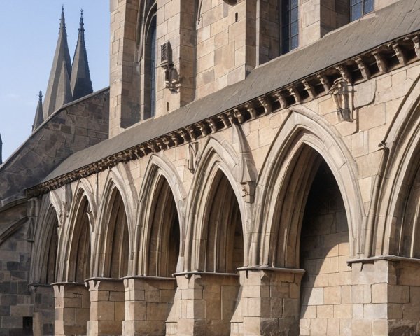 Historic stone building with ornate arches and spires