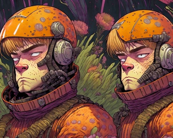 Characters in Orange Space Suits Among Giant Flowers