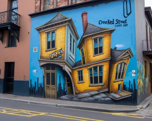 Vibrant Mural of Cartoonish Houses on City Building