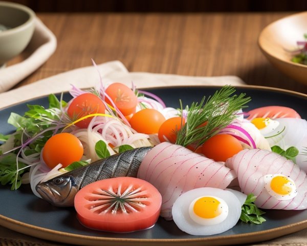 Sashimi Platter with Whole Fish and Colorful Vegetables