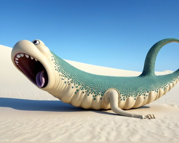 Whimsical turquoise creature on sandy dune under blue sky