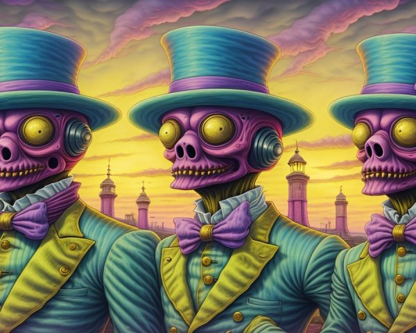 Whimsical Skeletal Figures in Victorian Attire at Sunset