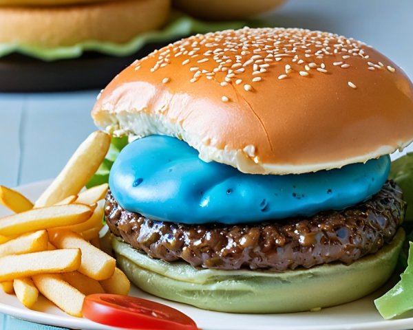Vibrant Burger with Blue Layer and Golden French Fries