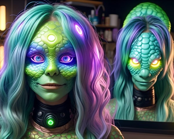 Vibrant Character with Scaled Skin and Futuristic Makeup